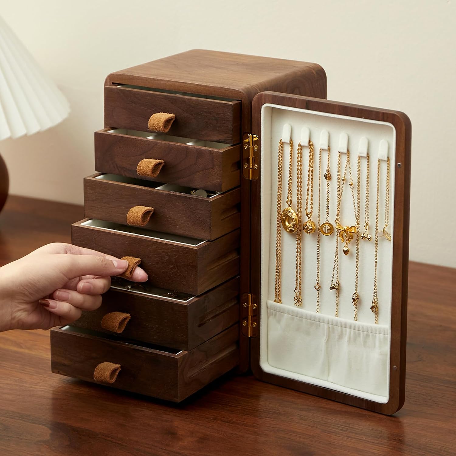 Velvet Jewelry Box - Zwarte walnoot massief houten kastje voor