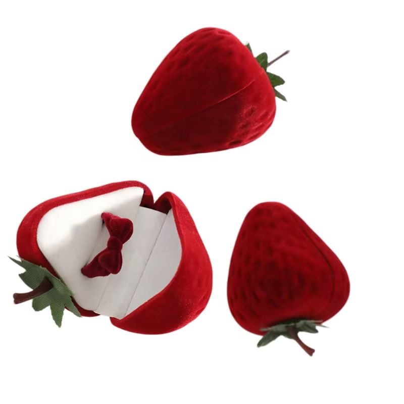 Velvet Jewelry Box - Schattige aardbeivormige ringendoosje van fluweel, sieradendoosje,