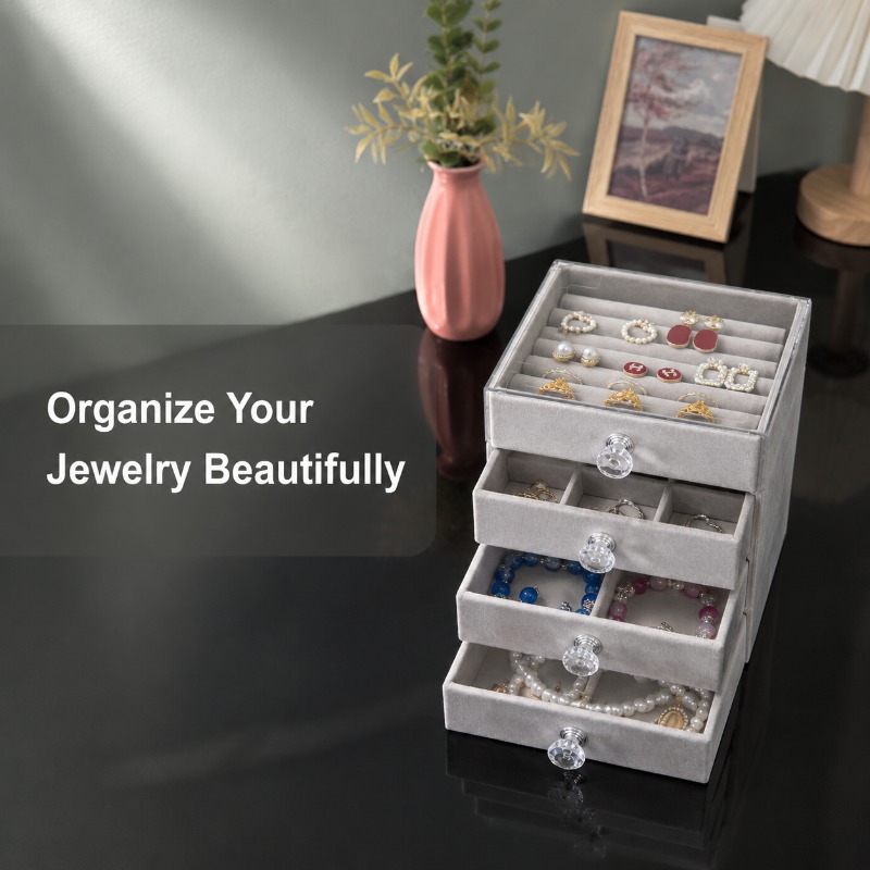 Velvet Jewelry Box - Grijs fluwelen sieradendoosje met transparant deksel,