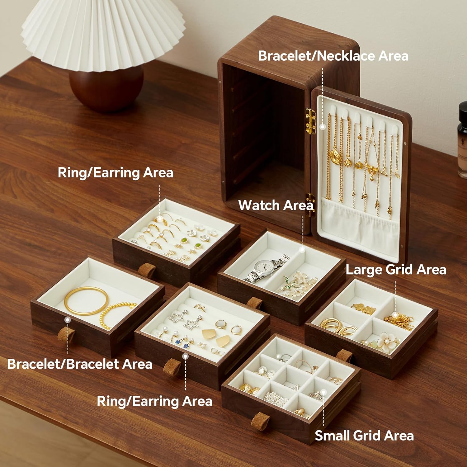 Zwarte walnoot massief houten  - Velvet Jewelry Box recensie en prijs