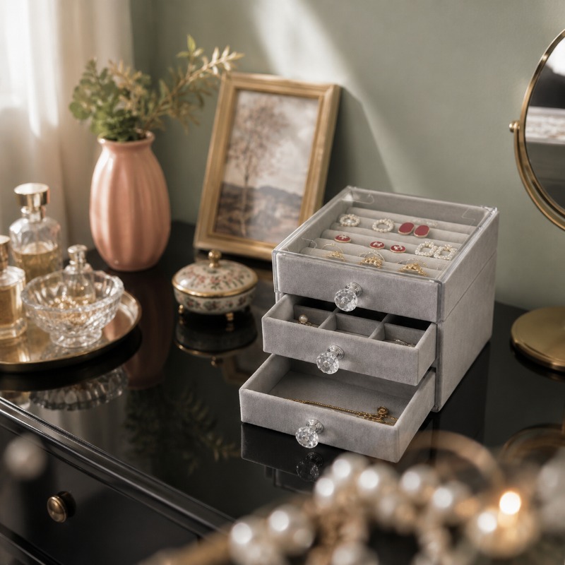 Grijs fluwelen sieradendoosje  - Velvet Jewelry Box recensie en prijs